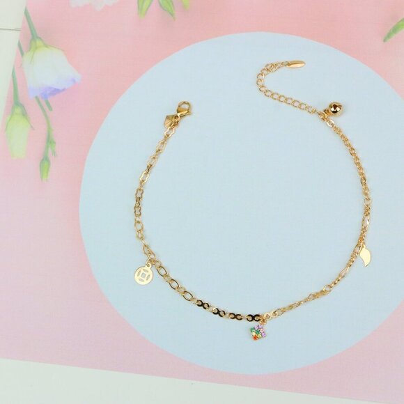 "Rose Gold Anklet with Rainbow Charm and Leaf Accents, XPAL1039 - Picture 2 of 12